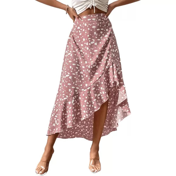 SweatyRocks Women's Casual Elastic Waist Asymmetrical High Low Ruffle Hem Printed Midi Skirt