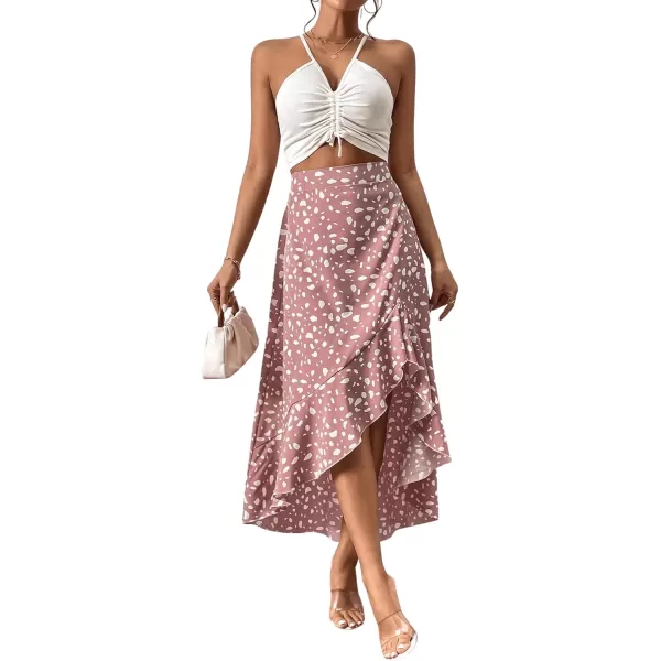 SweatyRocks Women's Casual Elastic Waist Asymmetrical High Low Ruffle Hem Printed Midi Skirt