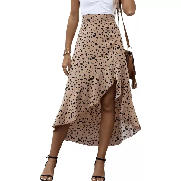 SweatyRocks Women's Casual Elastic Waist Asymmetrical High Low Ruffle Hem Printed Midi Skirt