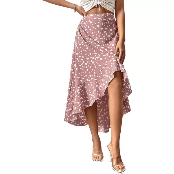 SweatyRocks Women's Casual Elastic Waist Asymmetrical High Low Ruffle Hem Printed Midi Skirt
