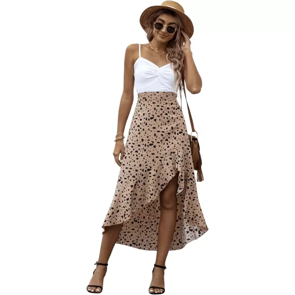 SweatyRocks Women's Casual Elastic Waist Asymmetrical High Low Ruffle Hem Printed Midi Skirt