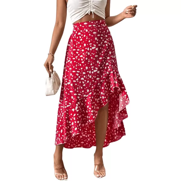 SweatyRocks Women's Casual Elastic Waist Asymmetrical High Low Ruffle Hem Printed Midi Skirt