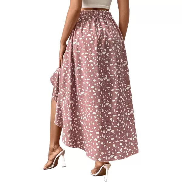 SweatyRocks Women's Casual Elastic Waist Asymmetrical High Low Ruffle Hem Printed Midi Skirt