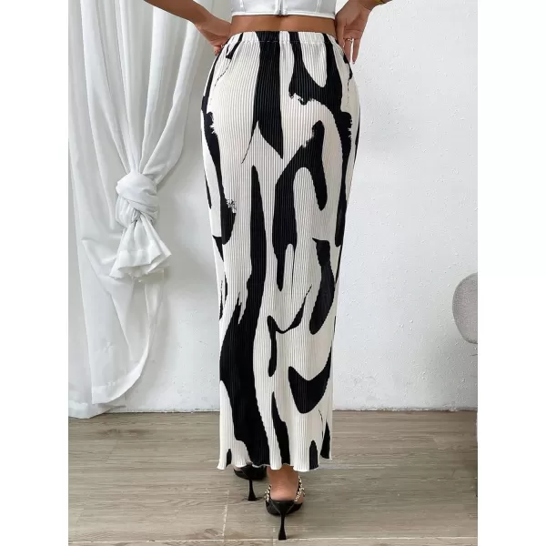 SweatyRocks Women's Casual Elastic Waist Graphic Print Skirt Straight Hem Ribbed Midi Skirts