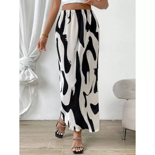 SweatyRocks Women's Casual Elastic Waist Graphic Print Skirt Straight Hem Ribbed Midi Skirts
