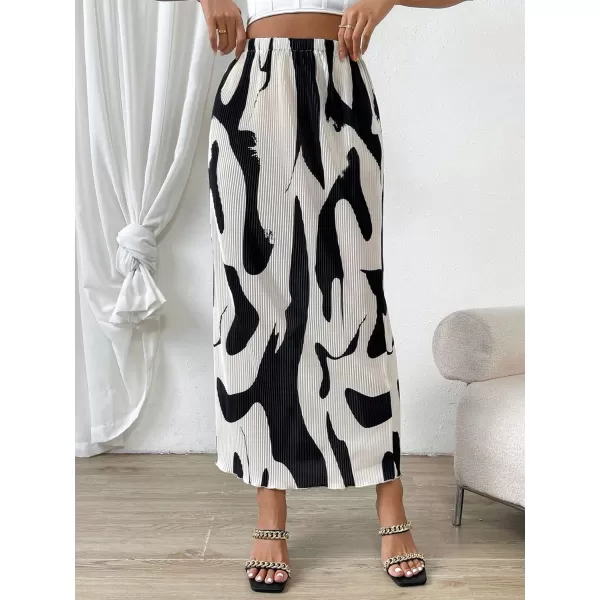 SweatyRocks Women's Casual Elastic Waist Graphic Print Skirt Straight Hem Ribbed Midi Skirts