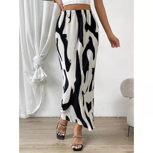 SweatyRocks Women's Casual Elastic Waist Graphic Print Skirt Straight Hem Ribbed Midi Skirts