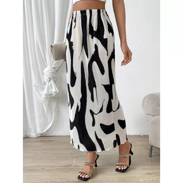 SweatyRocks Women's Casual Elastic Waist Graphic Print Skirt Straight Hem Ribbed Midi Skirts