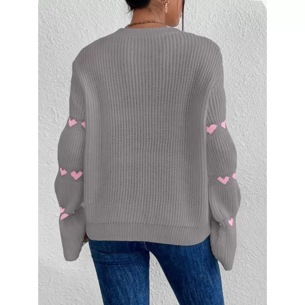 SweatyRocks Women's Casual Heart Print Round Neck Drop Shoulder Long Sleeve Knitted Pullover Sweater Top