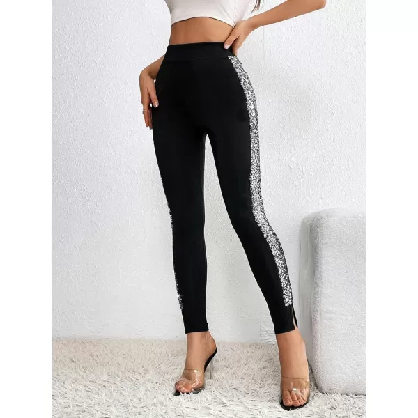 SweatyRocks Women's Casual High Elastic Waist Leggings Rhinestone Side Skinny Pants Tights