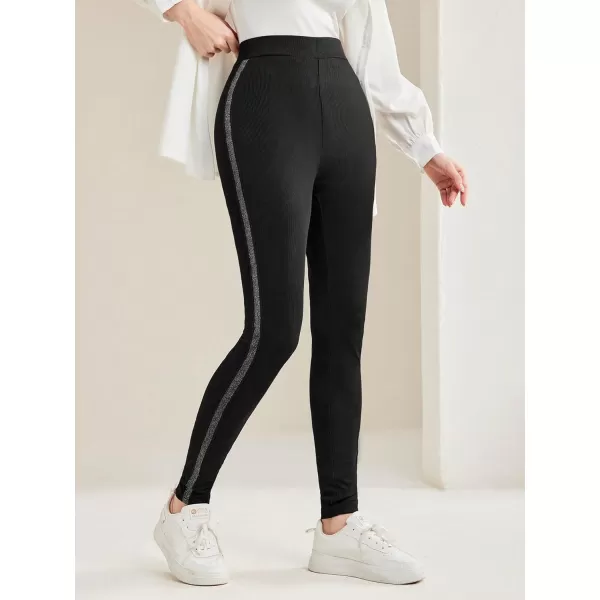 SweatyRocks Women's Casual High Elastic Waist Leggings Rhinestone Side Skinny Pants Tights