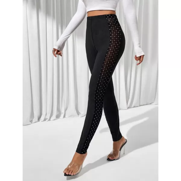 SweatyRocks Women's Casual High Elastic Waist Leggings Rhinestone Side Skinny Pants Tights