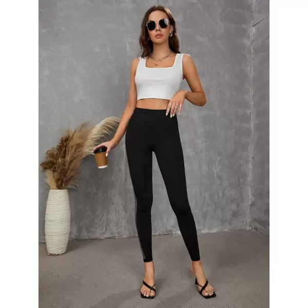 SweatyRocks Women's Casual High Elastic Waist Leggings Rhinestone Side Skinny Pants Tights