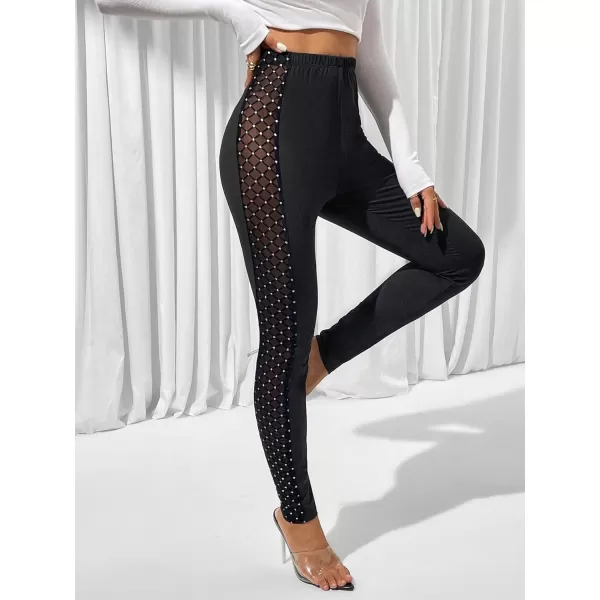 SweatyRocks Women's Casual High Elastic Waist Leggings Rhinestone Side Skinny Pants Tights