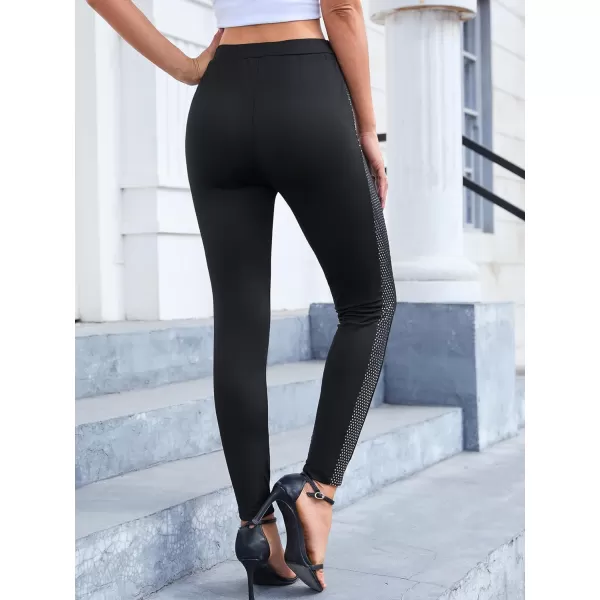 SweatyRocks Women's Casual High Elastic Waist Leggings Rhinestone Side Skinny Pants Tights