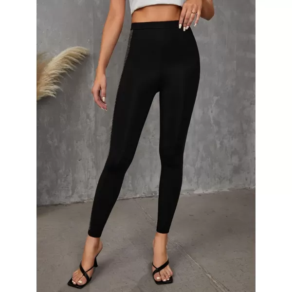 SweatyRocks Women's Casual High Elastic Waist Leggings Rhinestone Side Skinny Pants Tights