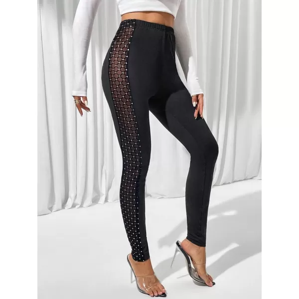 SweatyRocks Women's Casual High Elastic Waist Leggings Rhinestone Side Skinny Pants Tights