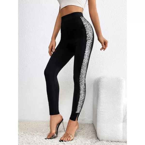 SweatyRocks Women's Casual High Elastic Waist Leggings Rhinestone Side Skinny Pants Tights