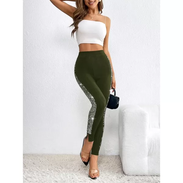 SweatyRocks Women's Casual High Elastic Waist Leggings Rhinestone Side Skinny Pants Tights