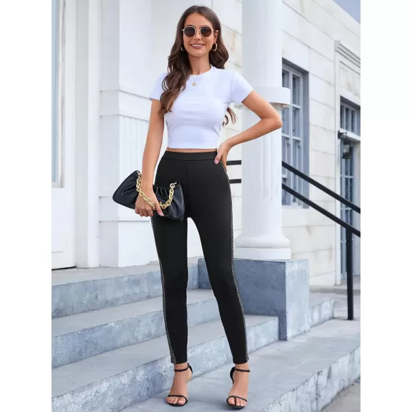 SweatyRocks Women's Casual High Elastic Waist Leggings Rhinestone Side Skinny Pants Tights