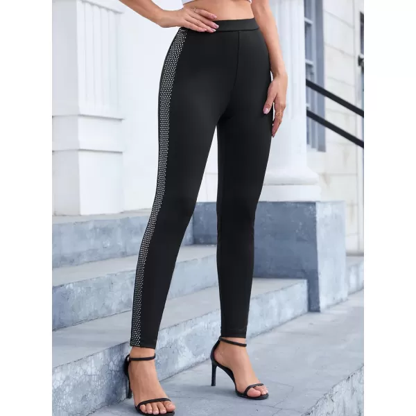 SweatyRocks Women's Casual High Elastic Waist Leggings Rhinestone Side Skinny Pants Tights