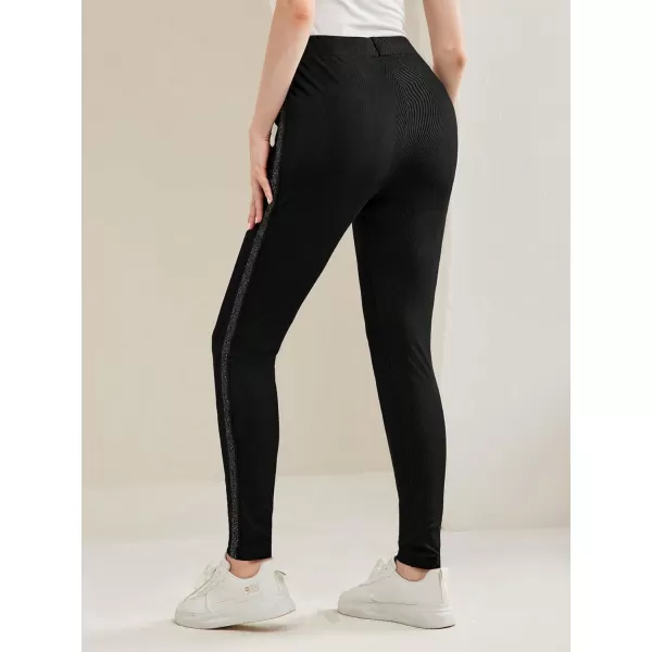 SweatyRocks Women's Casual High Elastic Waist Leggings Rhinestone Side Skinny Pants Tights