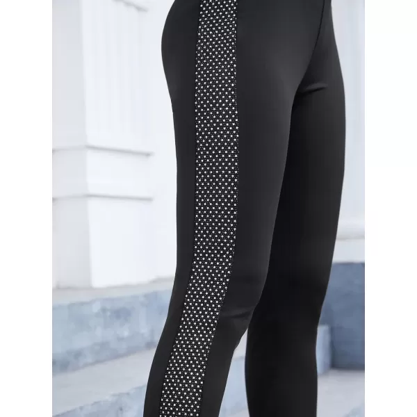 SweatyRocks Women's Casual High Elastic Waist Leggings Rhinestone Side Skinny Pants Tights