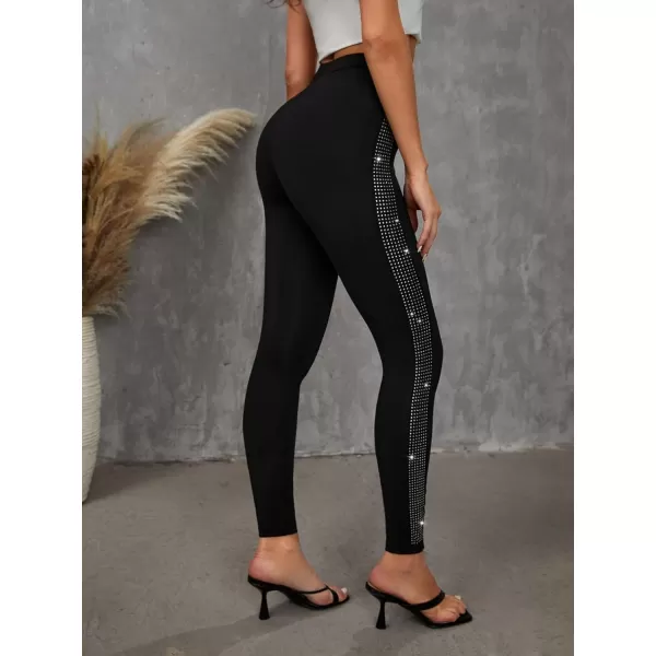 SweatyRocks Women's Casual High Elastic Waist Leggings Rhinestone Side Skinny Pants Tights