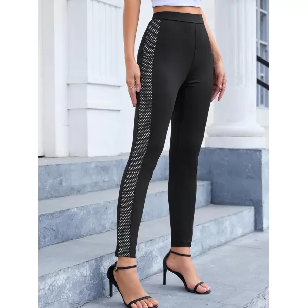 SweatyRocks Women's Casual High Elastic Waist Leggings Rhinestone Side Skinny Pants Tights