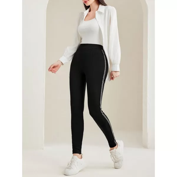 SweatyRocks Women's Casual High Elastic Waist Leggings Rhinestone Side Skinny Pants Tights