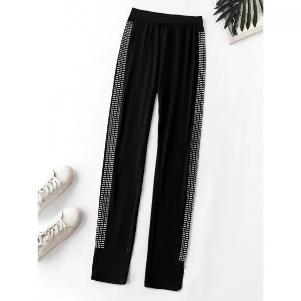SweatyRocks Women's Casual High Elastic Waist Leggings Rhinestone Side Skinny Pants Tights