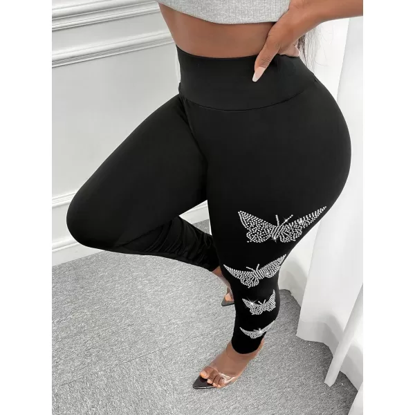 SweatyRocks Women's Casual High Elastic Waist Leggings Rhinestone Side Skinny Pants Tights