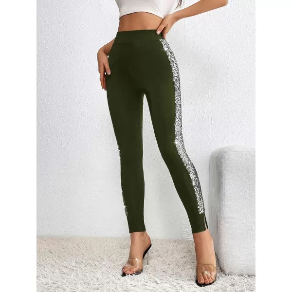 SweatyRocks Women's Casual High Elastic Waist Leggings Rhinestone Side Skinny Pants Tights