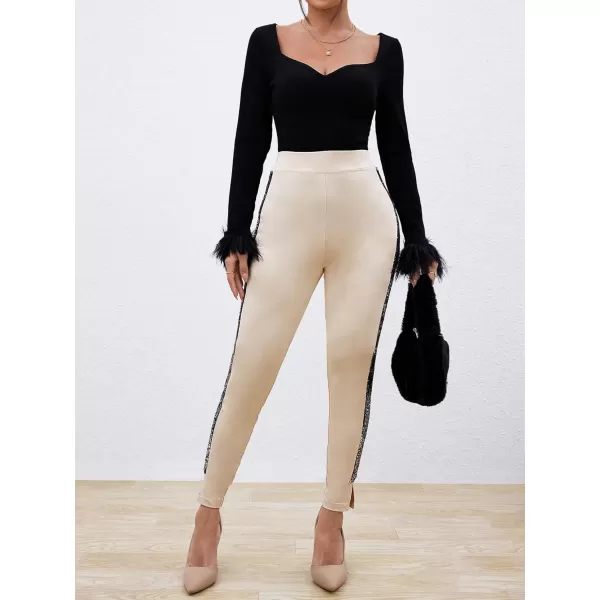 SweatyRocks Women's Casual High Elastic Waist Leggings Rhinestone Side Skinny Pants Tights
