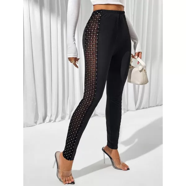 SweatyRocks Women's Casual High Elastic Waist Leggings Rhinestone Side Skinny Pants Tights