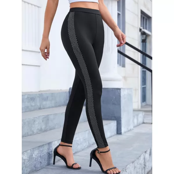 SweatyRocks Women's Casual High Elastic Waist Leggings Rhinestone Side Skinny Pants Tights