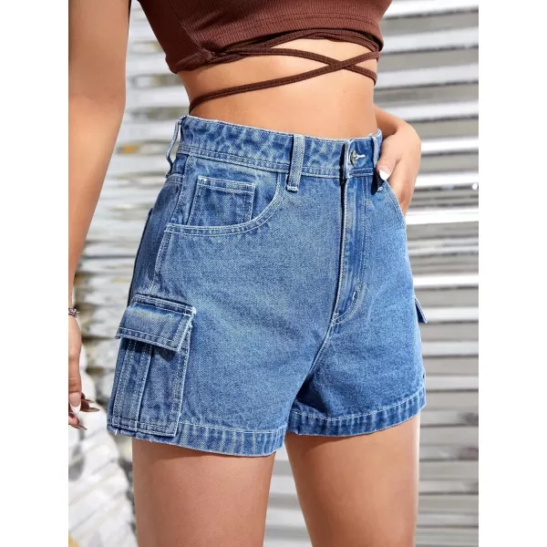 SweatyRocks Women's Casual High Rise Zip Up Denim Shorts Straight Leg Flap Pocket Jean Shorts