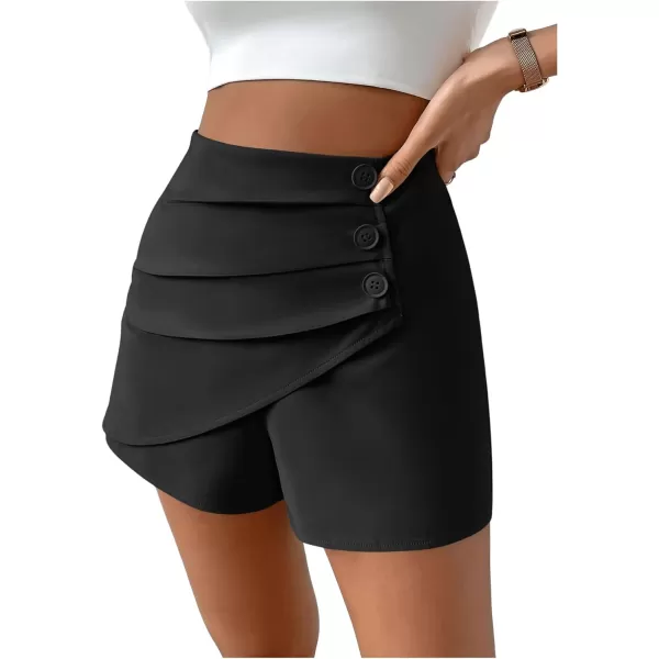 SweatyRocks Women's Casual High Waist Button Front Wrap Shorts Solid Ruched Skort Skirt