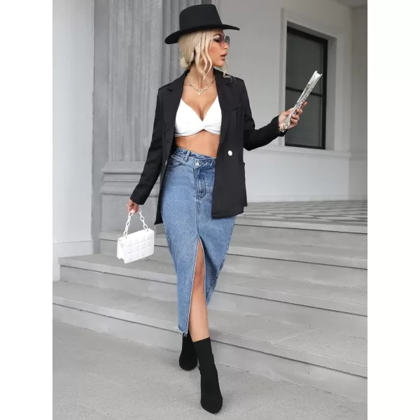 SweatyRocks Women's Casual High Waist Denim Skirt Split Hem Raw Trim Midi Jean Skirts