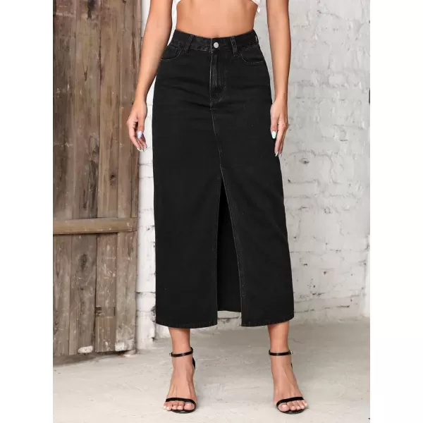 SweatyRocks Women's Casual High Waist Denim Skirt Split Hem Raw Trim Midi Jean Skirts