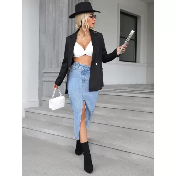 SweatyRocks Women's Casual High Waist Denim Skirt Split Hem Raw Trim Midi Jean Skirts