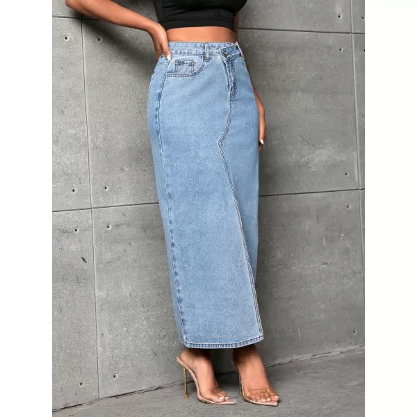 SweatyRocks Women's Casual High Waist Denim Skirt Split Hem Raw Trim Midi Jean Skirts