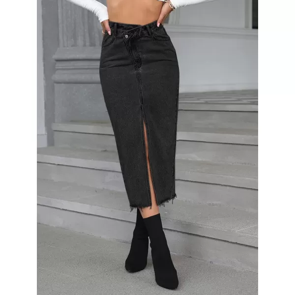 SweatyRocks Women's Casual High Waist Denim Skirt Split Hem Raw Trim Midi Jean Skirts