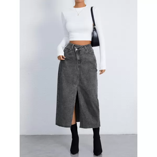 SweatyRocks Women's Casual High Waist Denim Skirt Split Hem Raw Trim Midi Jean Skirts