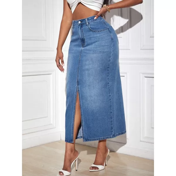 SweatyRocks Women's Casual High Waist Denim Skirt Split Hem Raw Trim Midi Jean Skirts