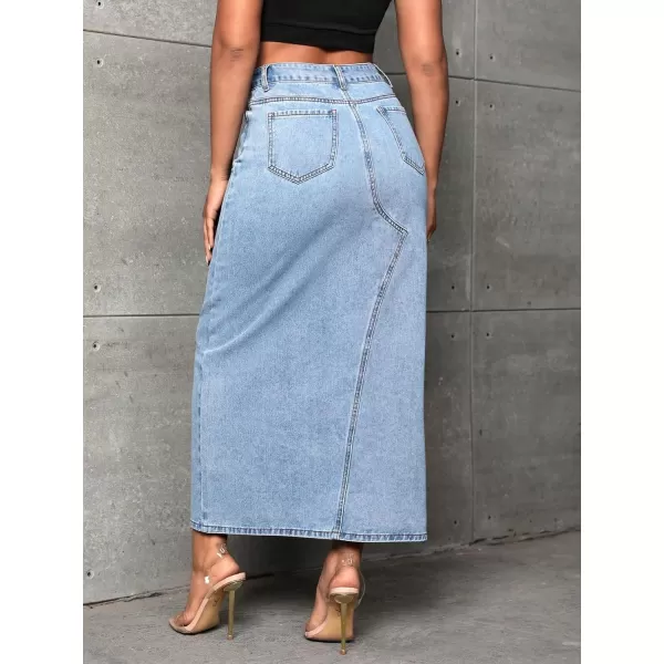 SweatyRocks Women's Casual High Waist Denim Skirt Split Hem Raw Trim Midi Jean Skirts