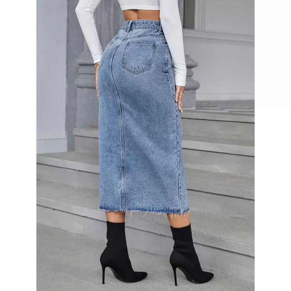 SweatyRocks Women's Casual High Waist Denim Skirt Split Hem Raw Trim Midi Jean Skirts