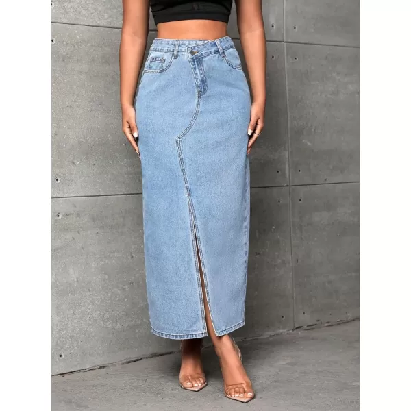 SweatyRocks Women's Casual High Waist Denim Skirt Split Hem Raw Trim Midi Jean Skirts