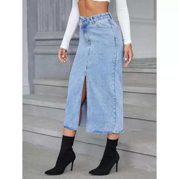 SweatyRocks Women's Casual High Waist Denim Skirt Split Hem Raw Trim Midi Jean Skirts