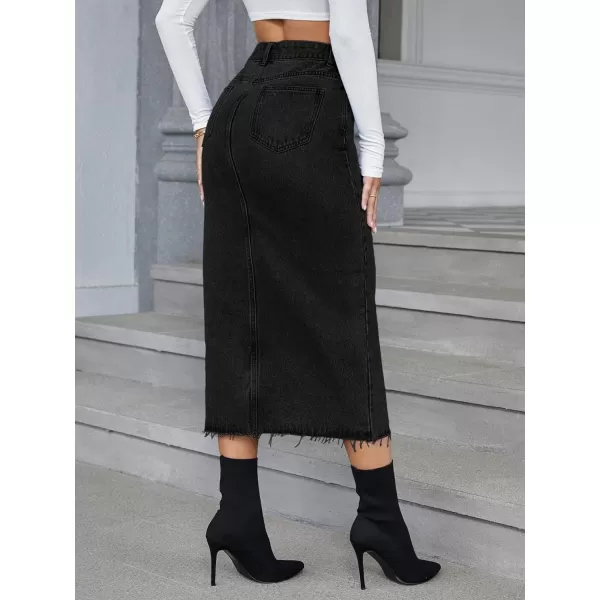 SweatyRocks Women's Casual High Waist Denim Skirt Split Hem Raw Trim Midi Jean Skirts